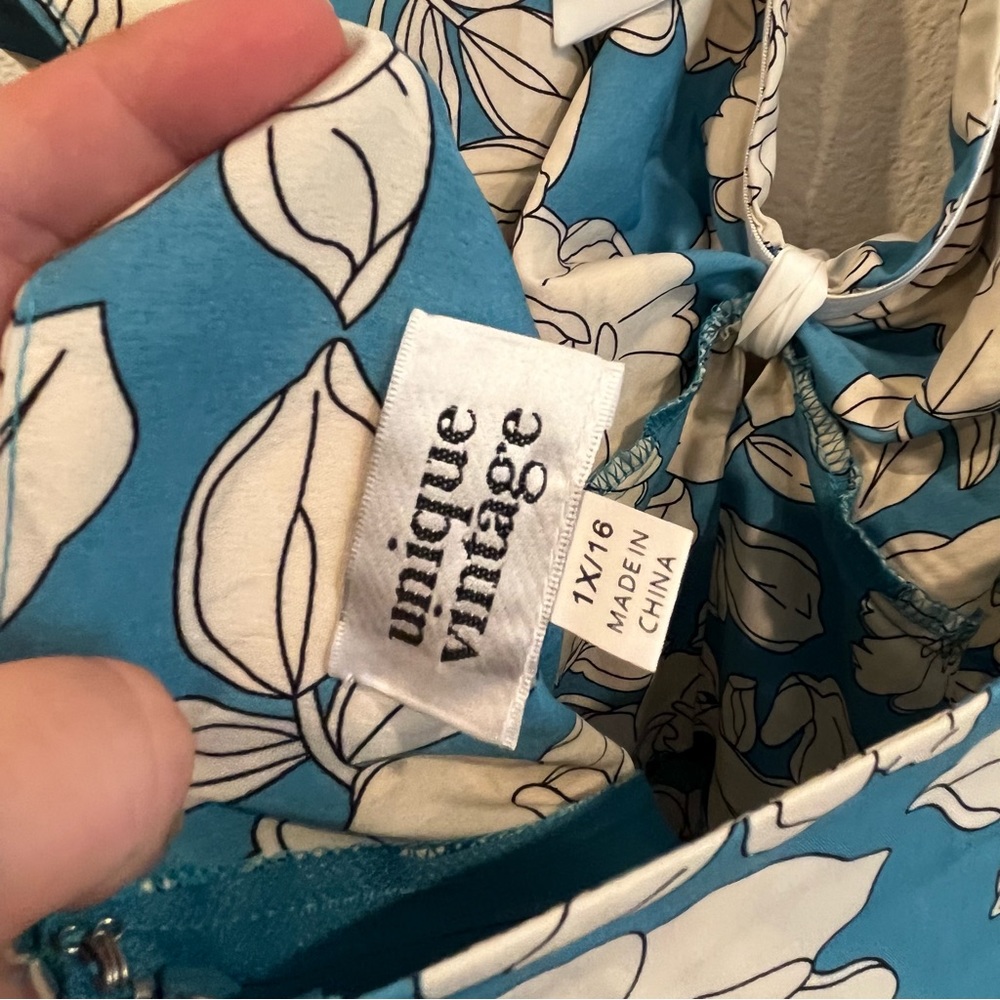Unique Vintage blue & white floral bouquet swing halter dress size 1X/16 pockets - Picture 9 of 13